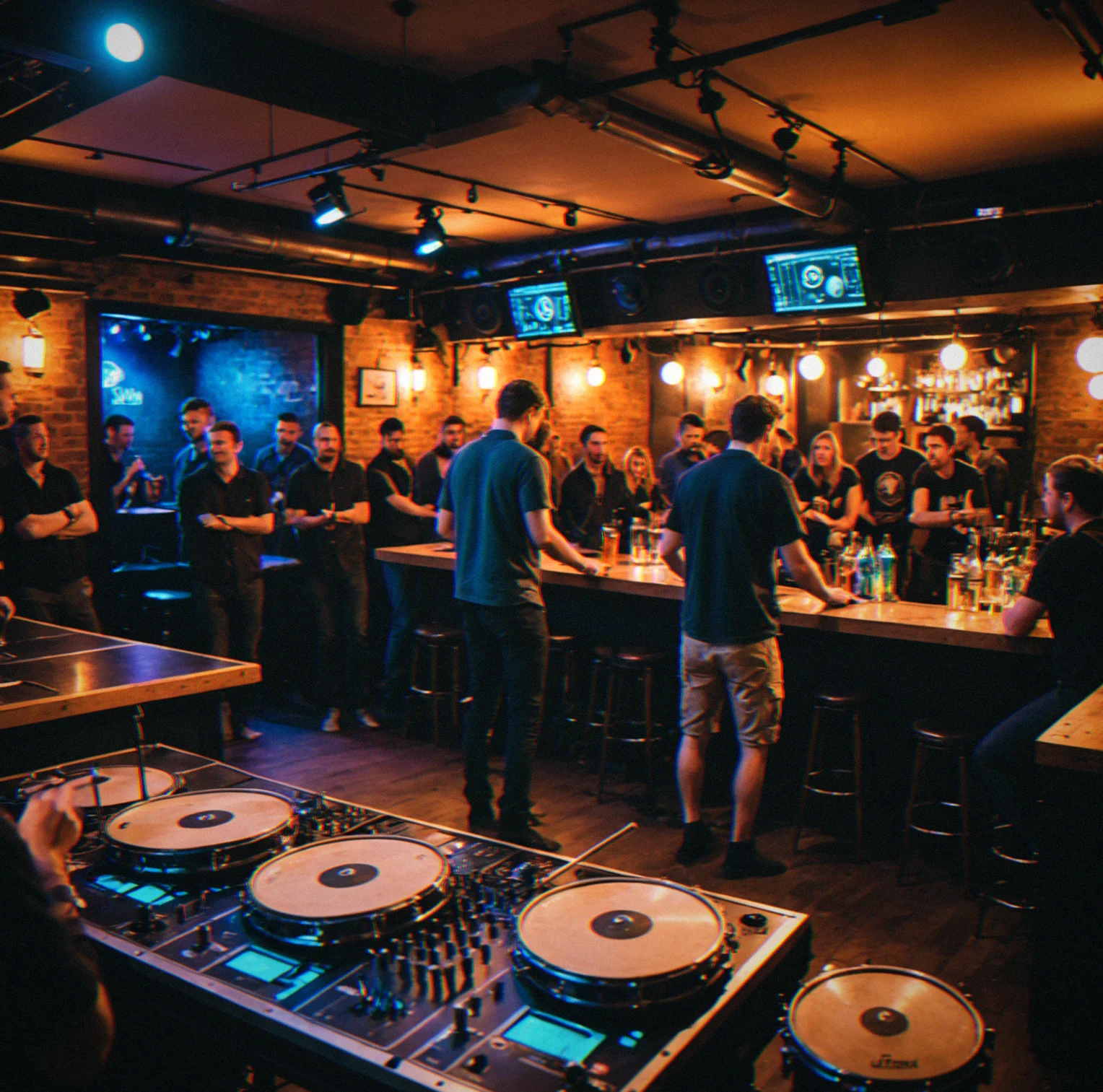 Basement venue with low ceilings and exposed pipes, drum kit on stage, people clustered around the bar