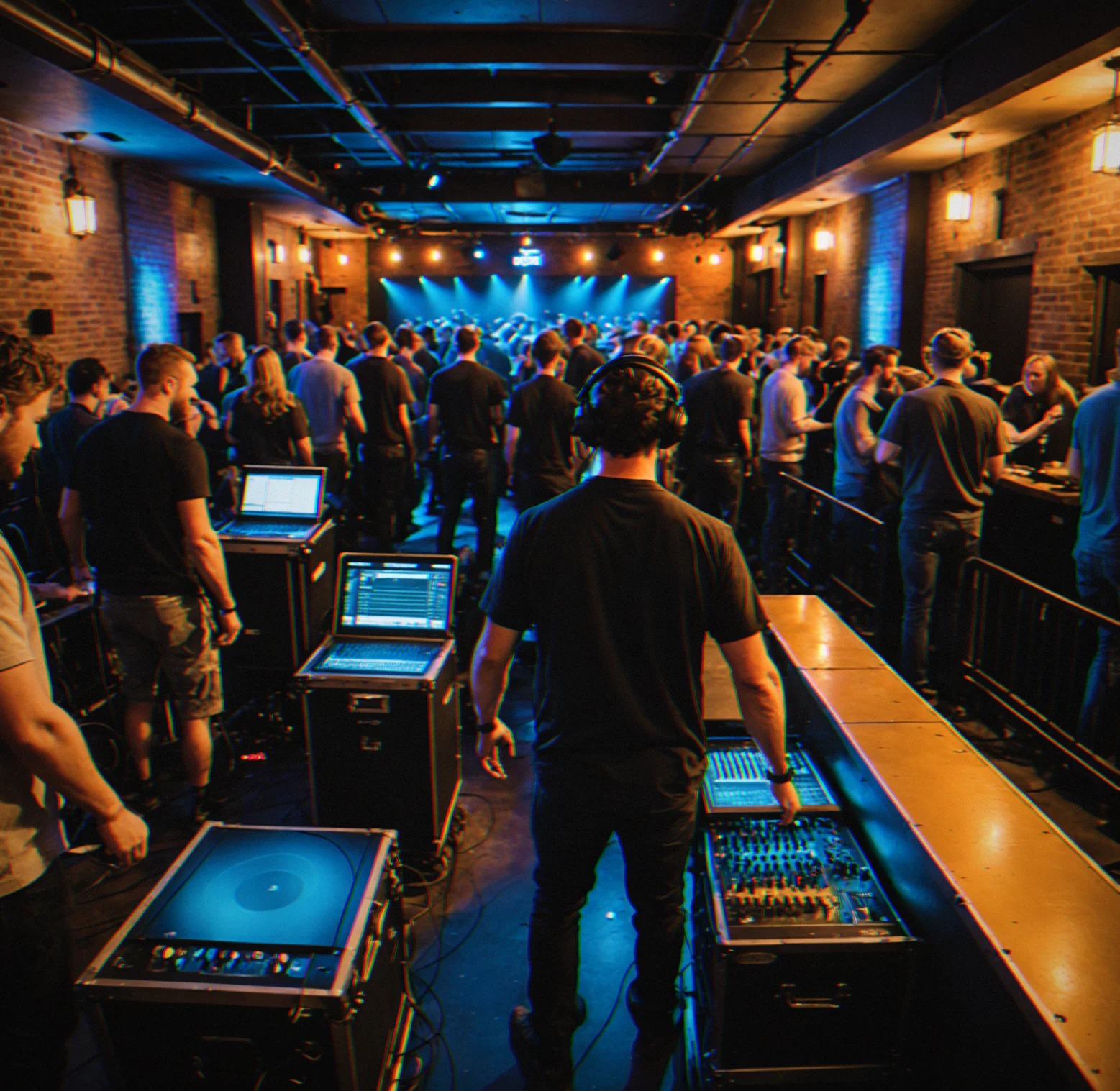 Band hauling amps down narrow basement stairs during load-in, door person managing the flow at the entrance