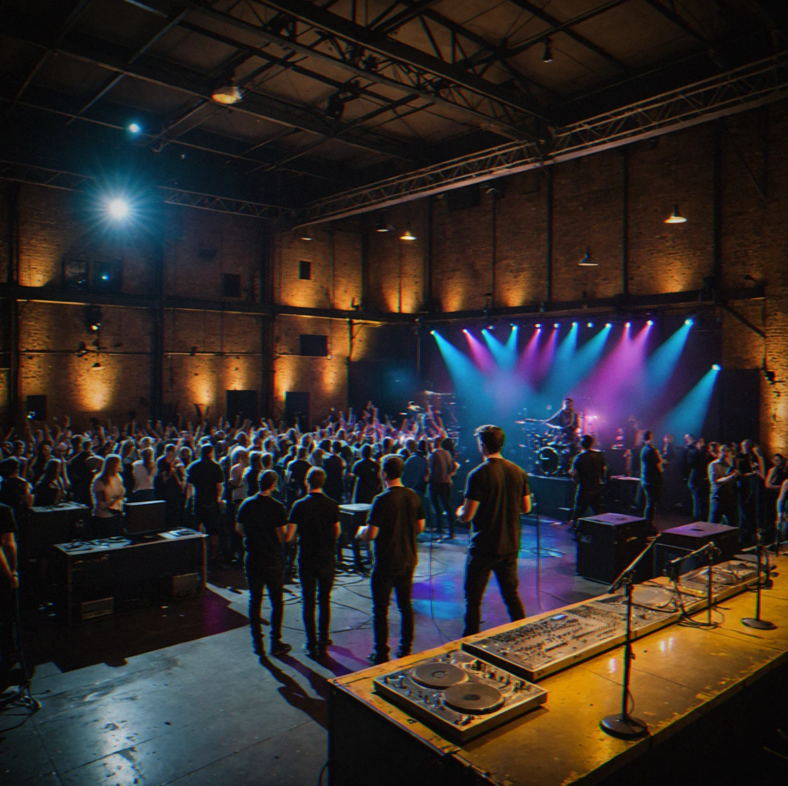 Old warehouse space with concrete, high ceilings, industrial light rig rigged overhead, stage reayd for a decent-sized band