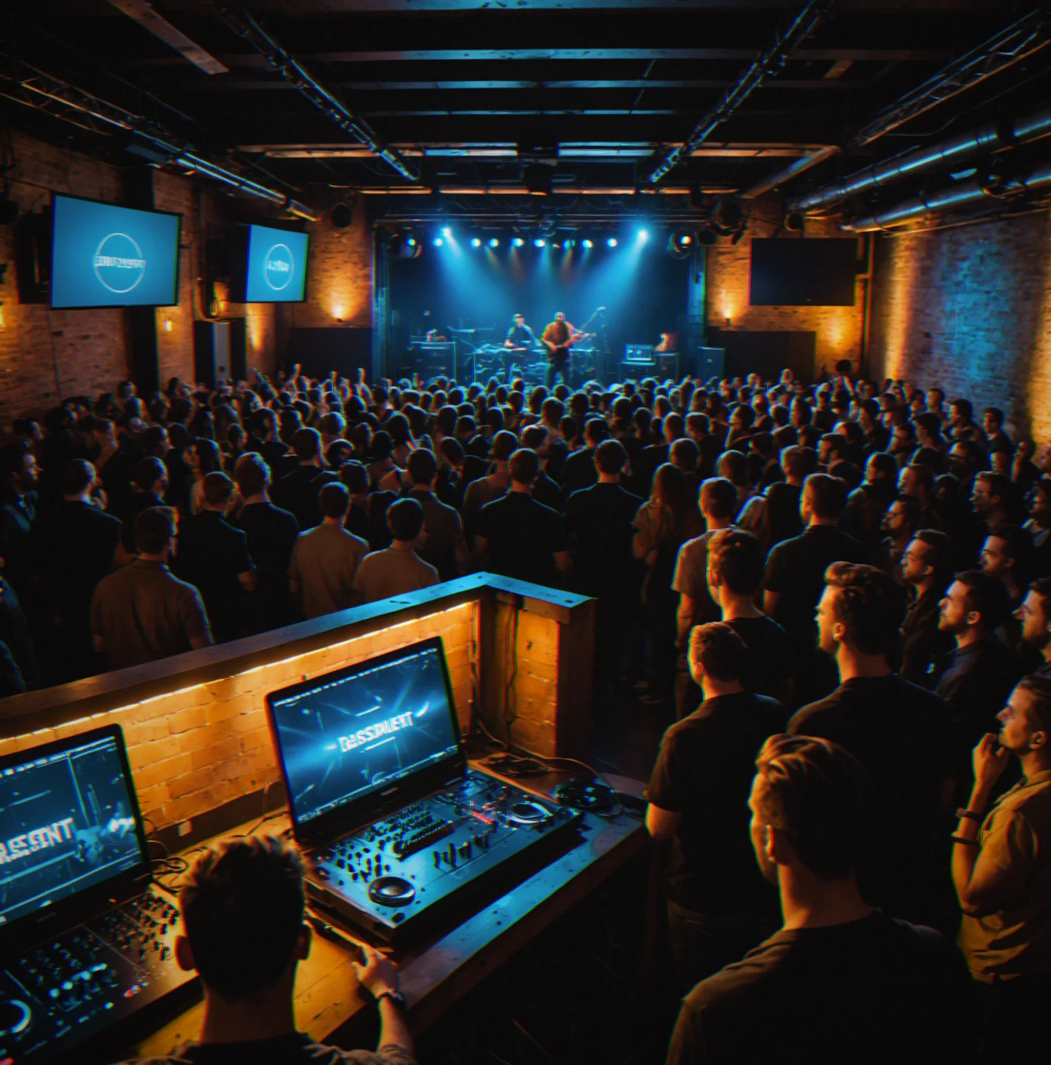 Basement music venue with stage lights, sound system, and crowd near the stage