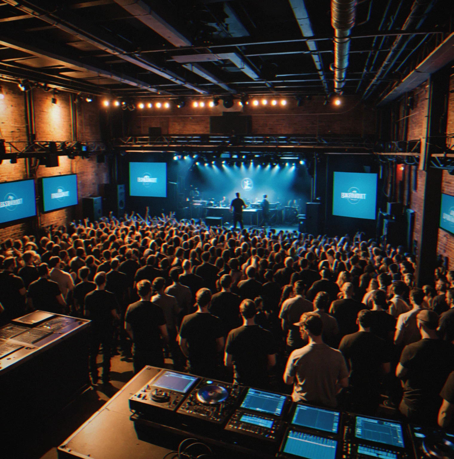 Basement music venue showing PA system, stage setup and crowd capacity layout
