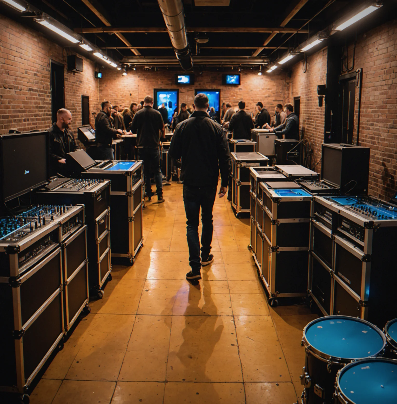 Band loading equipment through basement entrance with prebuilt drum riser and cable management