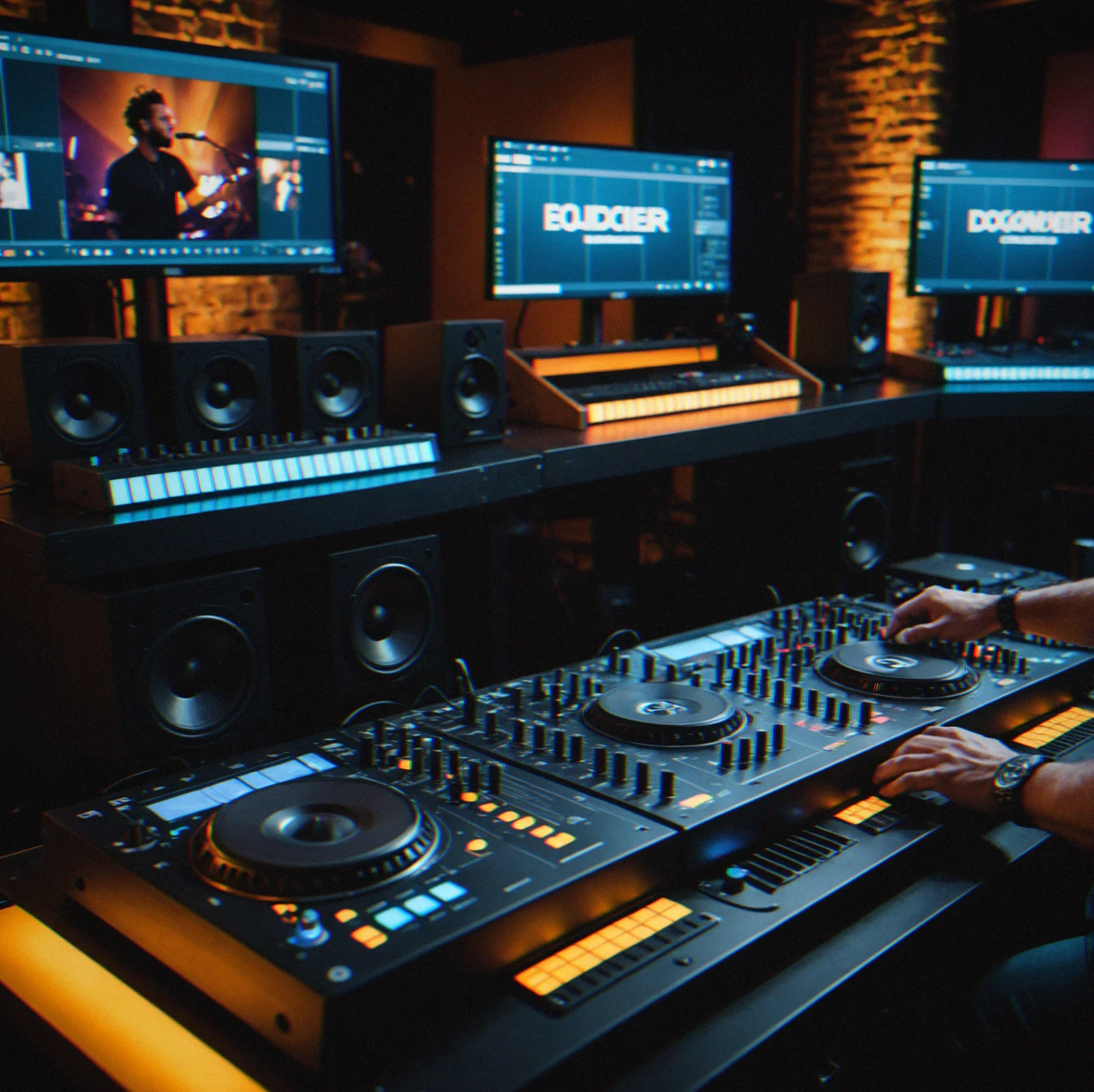 Close-up of powered speakers, subwoofer on isolation pads, and monitor wedge setup
